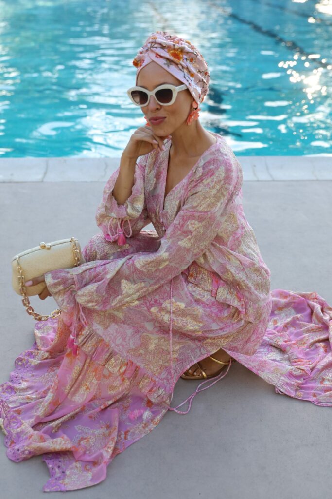 Statement resort style Maryjane Clarevol sequin turban, Revolve kaftan boho style. By Veronica Levy, Lombard & Fifth. 