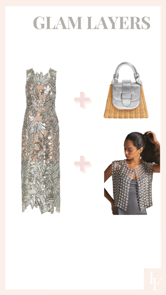 How to dress up your wicker bags for the holidays and winter. By Veronica Levy, Lombard & Fifth. Anthropologie, Milly applique floral tulle dress. Pamela Munson Blair Eadie collection.