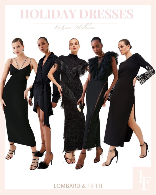 KAREN MILLEN dresses, Lombard and Fifth wearing a black holiday dress, how to dress for the holidays, classy black maxi dress