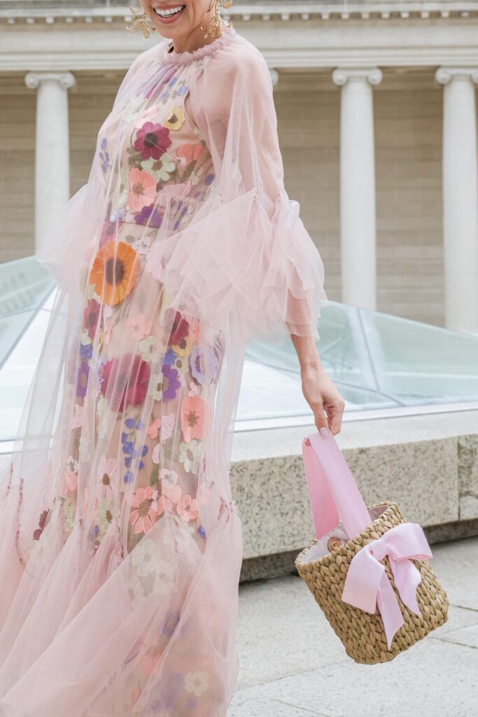 How to dress up your wicker bags for the holidays and winter. By Veronica Levy, Lombard & Fifth. Anthropologie, Milly applique floral tulle dress. Pamela Munson Blair Eadie collection.