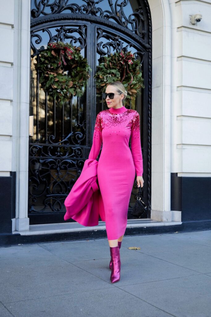 Karen Millen fuchsia coat and sequin sweater dress. How to style color for the holidays. Veronica Levy, Lombard & Fifth.