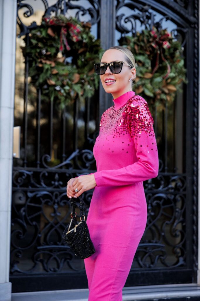Karen Millen fuchsia coat and sequin sweater dress. How to style color for the holidays. Veronica Levy, Lombard & Fifth.