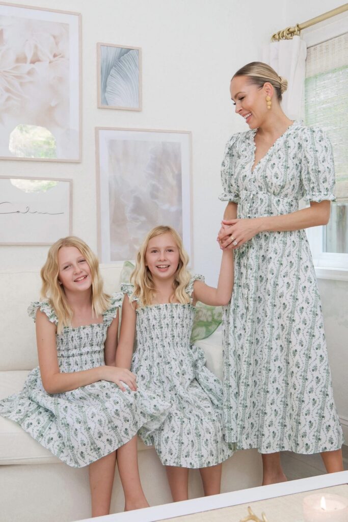 New Spring Drop from Hillhouse Home. Feminine grand millennial style ideas for spring. Mommy and me pink vine and green vine print. By Veronica Levy, Lombard & Fifth.