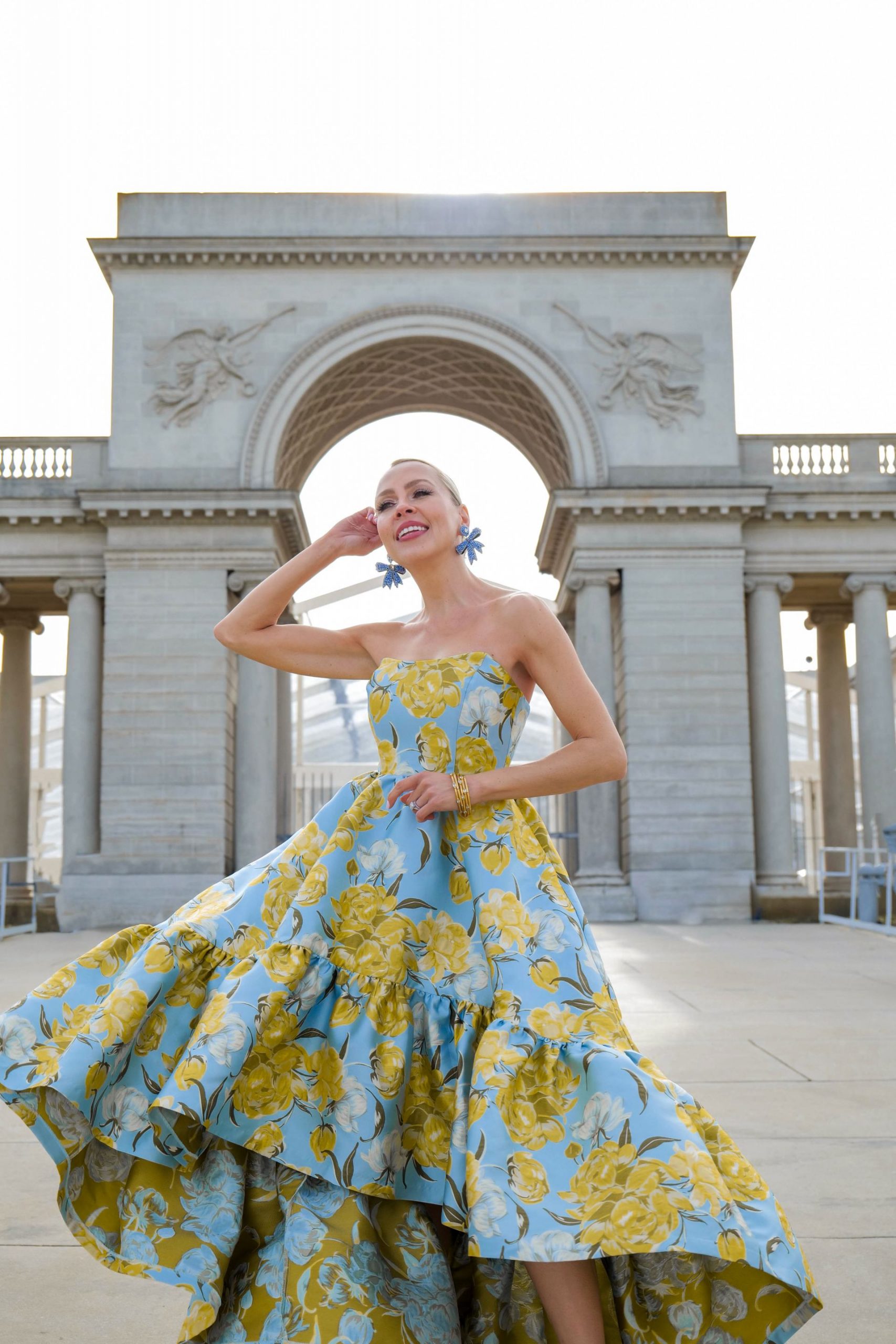 Spring collection from Mestiza NY, wedding guest dresses, floral print pajamas, statement earrings, chic high low midi dresses. Garden party. By Veronica Levy, Lombard & Fifth.