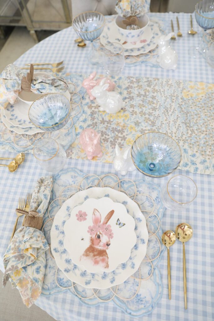 Easter table scape ideas for entertaining. Grandmillential table décor. Blue and gold décor. Veronica Levy, Lombard & Fifth.