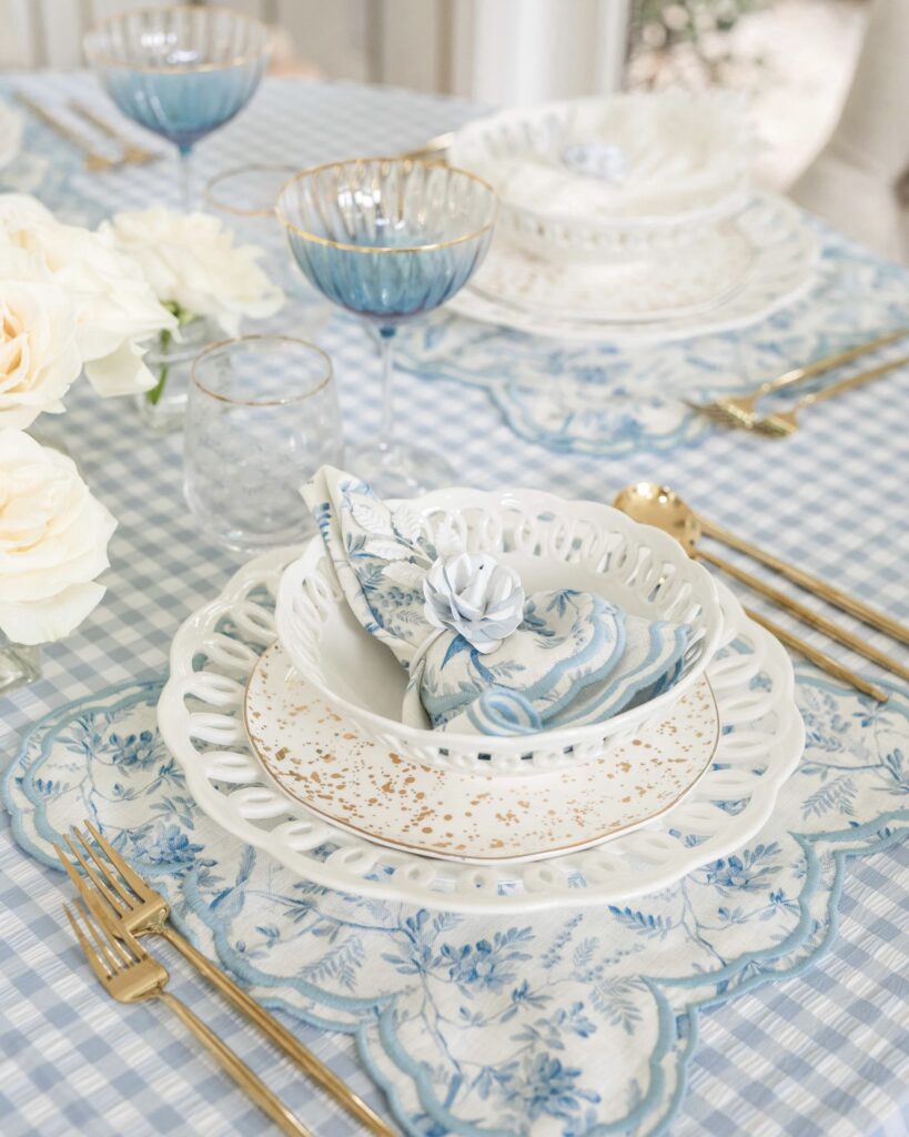 Easter table scape ideas for entertaining. Grandmillential table décor. Blue and gold décor. Veronica Levy, Lombard & Fifth.