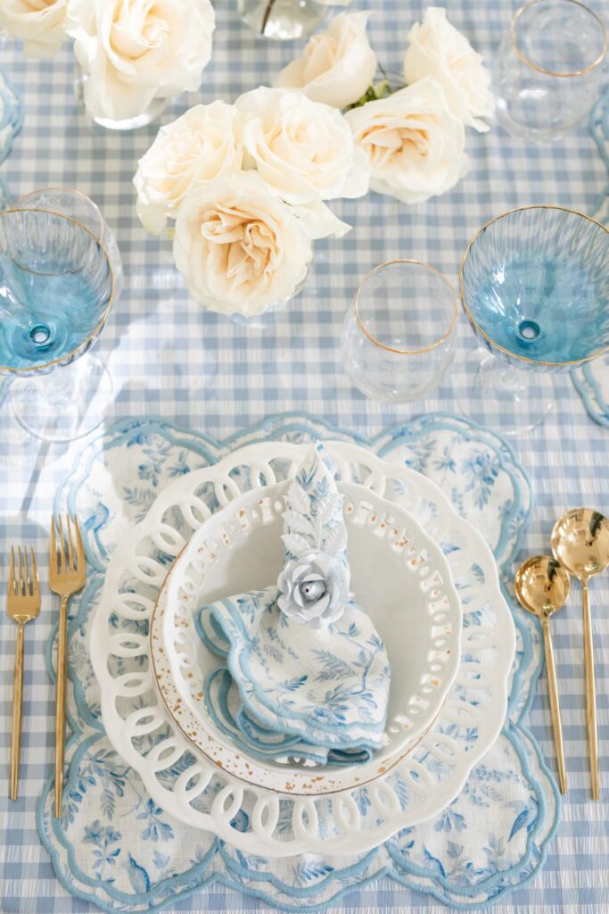 Grand millennial Easter table scape ideas for entertaining. Grandmillential table décor. Blue and gold décor. Veronica Levy, Lombard & Fifth.