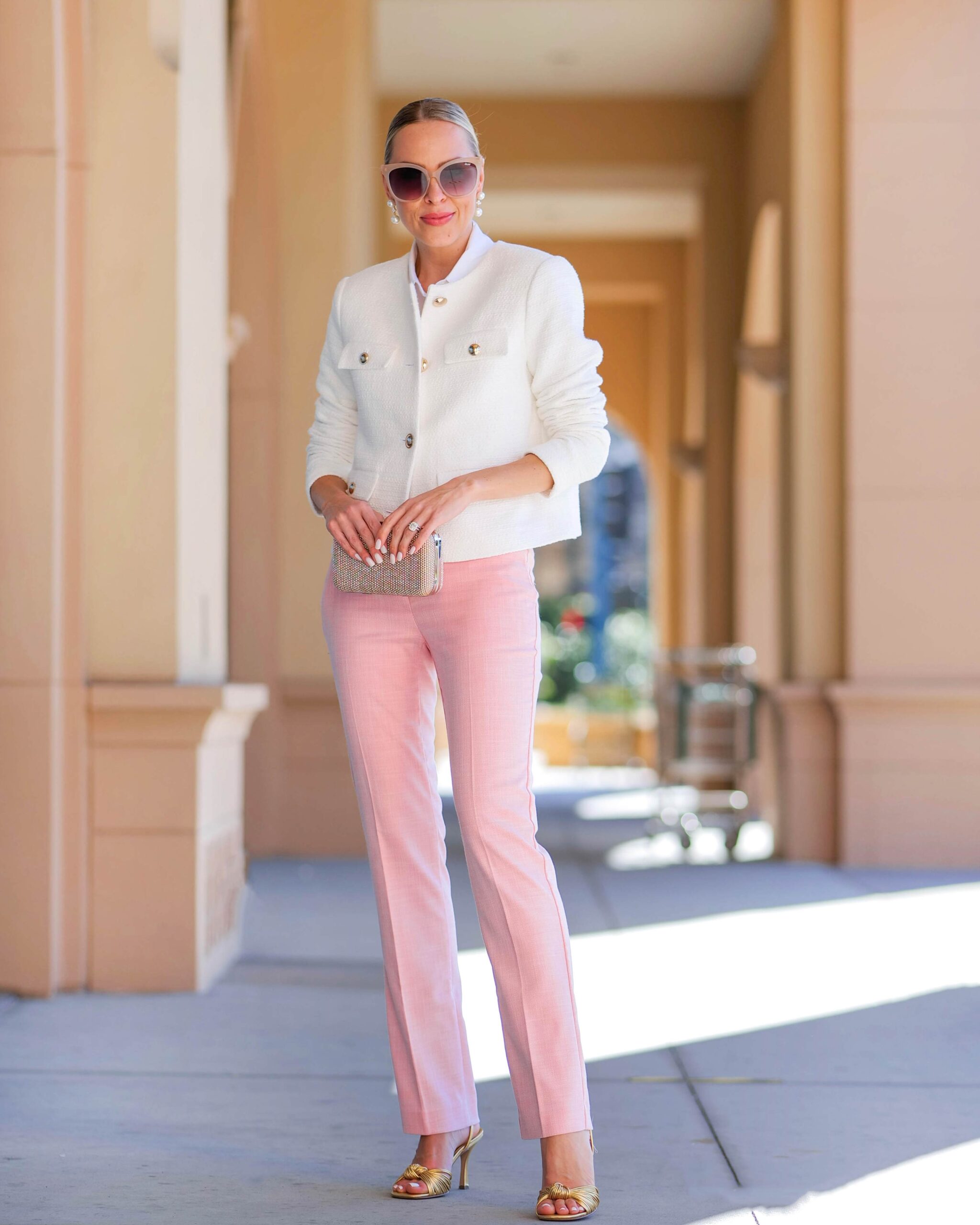 ann taylor white blazer and blush trousers, summer workwear classic style
