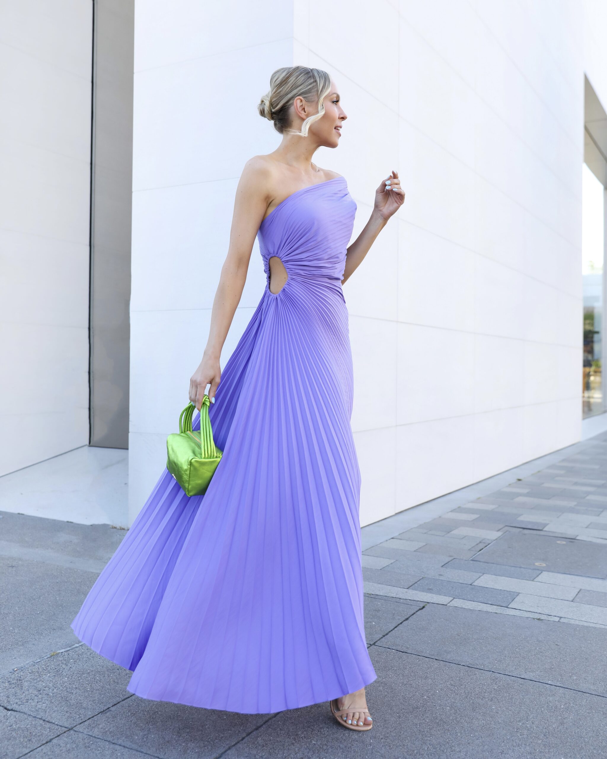 Lilac pleated purple cut out dress, saks. wedding guest style