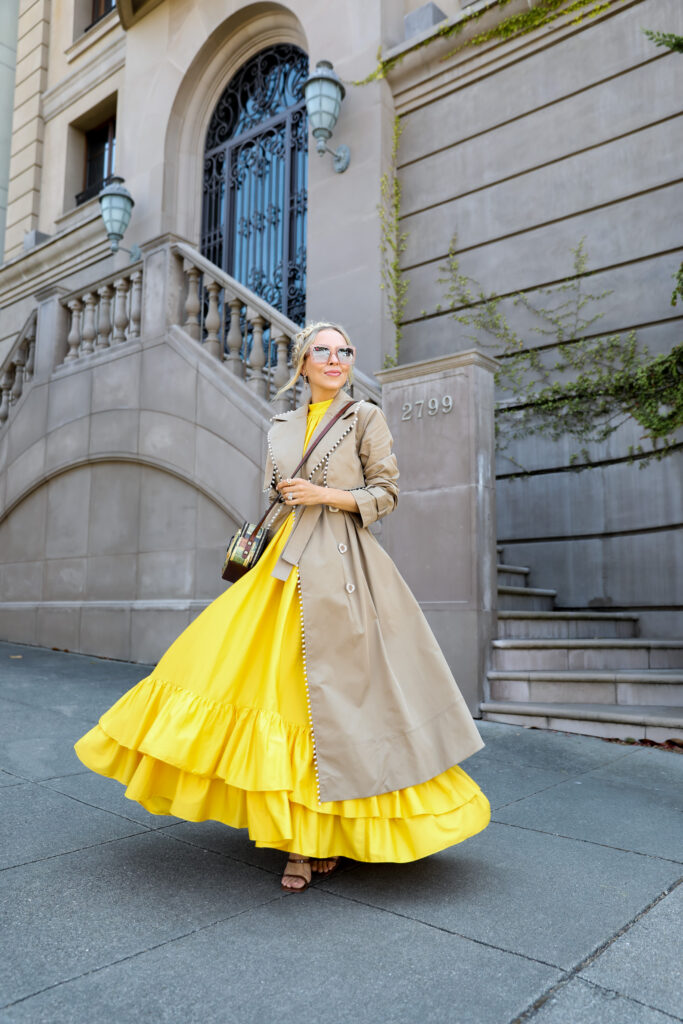 Fall style inspiration in San Francisco, Pac Heights, Aje pearl trench coat with Alice + Olivia yellow Jovie Poplin Swing Maxi Dress, and Patricia Nash Alessa crossbody bag, by Veronica Levy Lombard & Fifth.