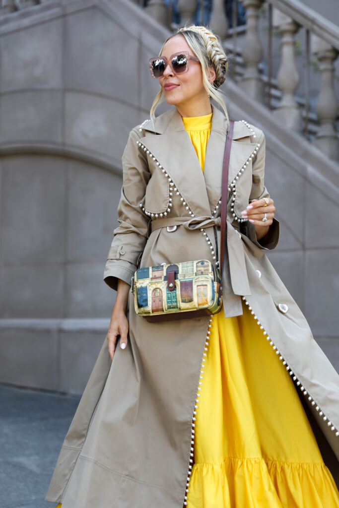 Fall style inspiration in San Francisco, Pac Heights, Aje pearl trench coat with Alice + Olivia yellow Jovie Poplin Swing Maxi Dress, and Patricia Nash Alessa crossbody bag, by Veronica Levy Lombard & Fifth.