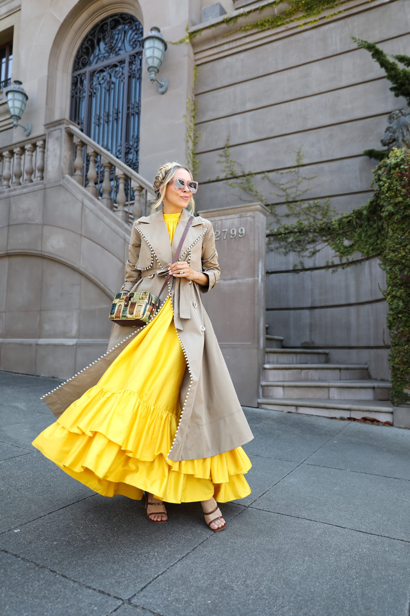 Fall style inspiration in San Francisco, Pac Heights, Aje pearl trench coat with Alice + Olivia yellow Jovie Poplin Swing Maxi Dress, by Veronica Levy Lombard & Fifth.