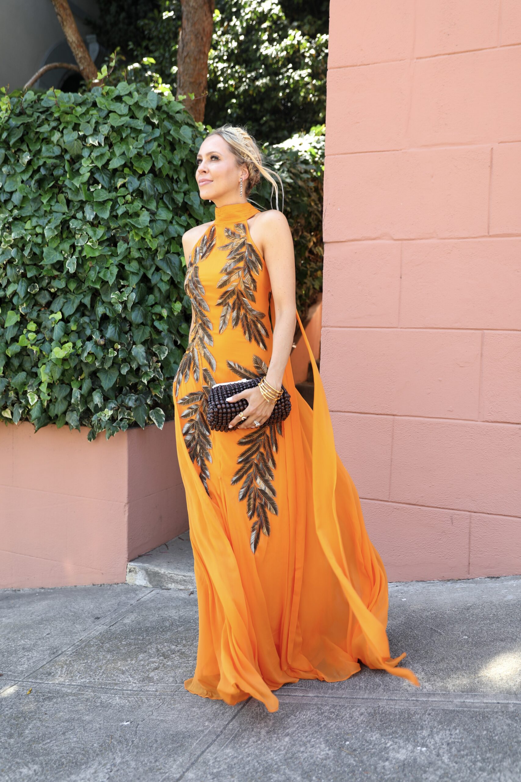 Karen Millen orange embroidered maxi gown dress, styled for fall. By Veronica Levy Lombard & Fifth.