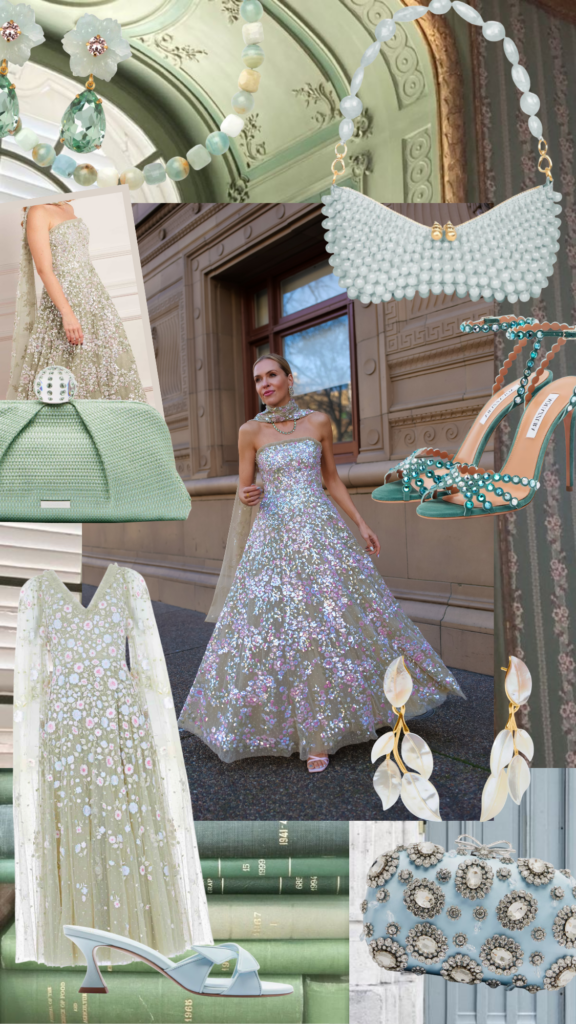 Mint green Needle & Thread evening gown styled with pastel accessories, beaded handbags, crystal heels, and soft floral jewelry for a romantic spring formal outfit.