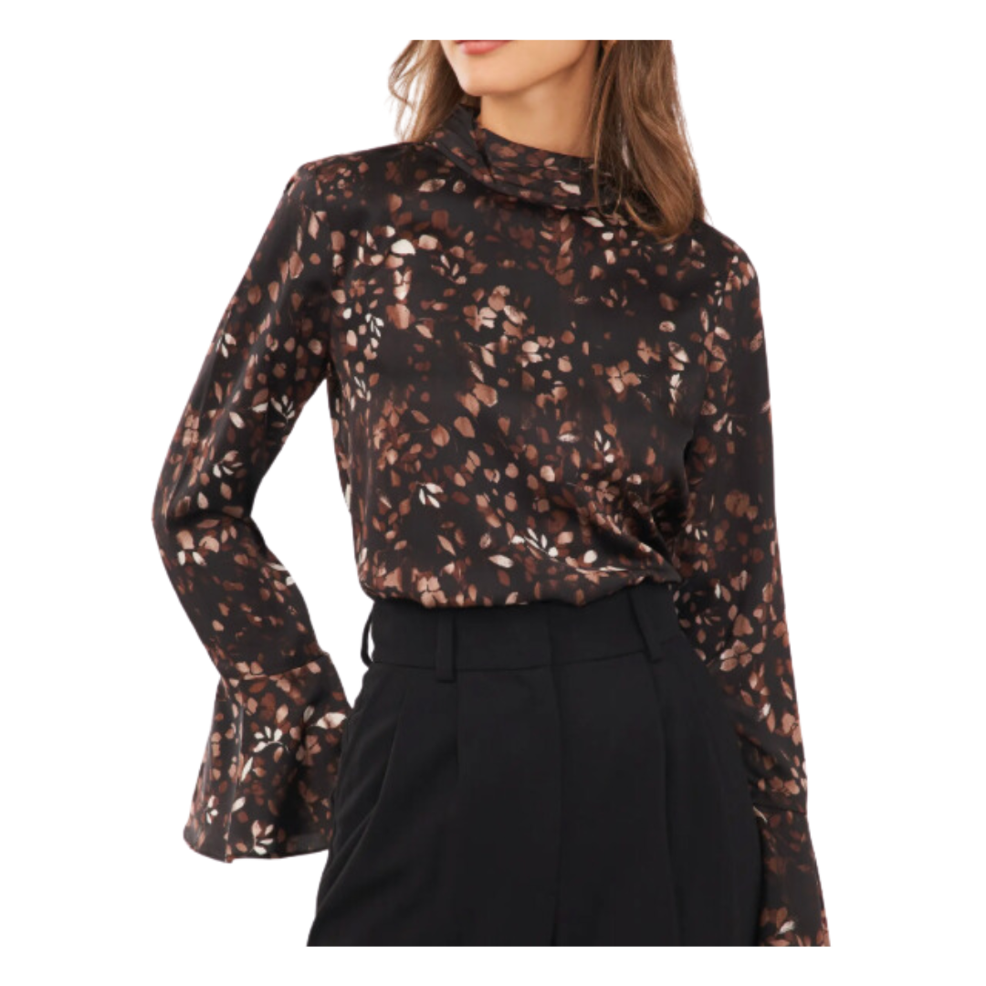 Floral Bell Cuff Mock Neck Blouse