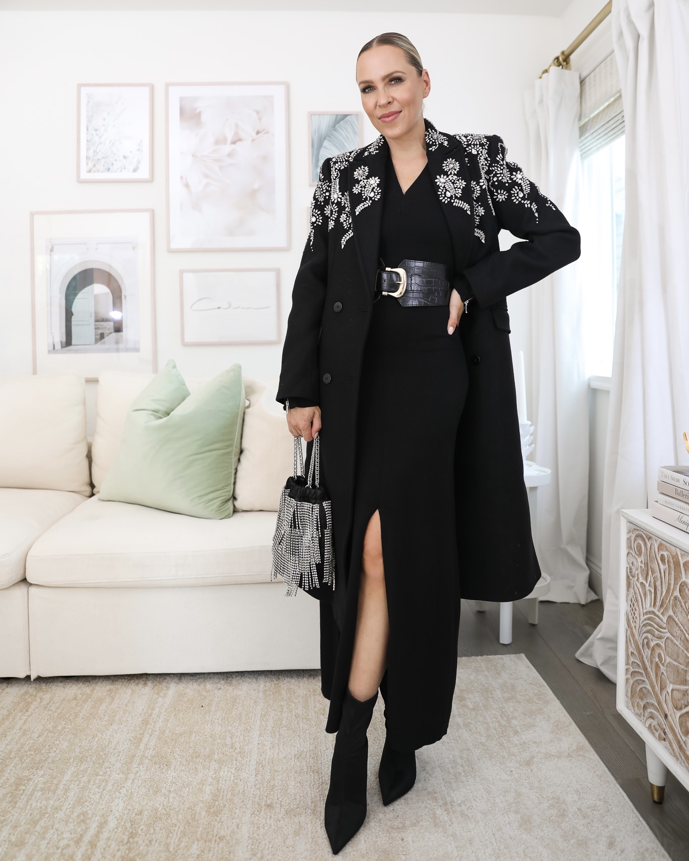 Karen Millen US Tailored Wool Blend Embellished Double Breasted coat black