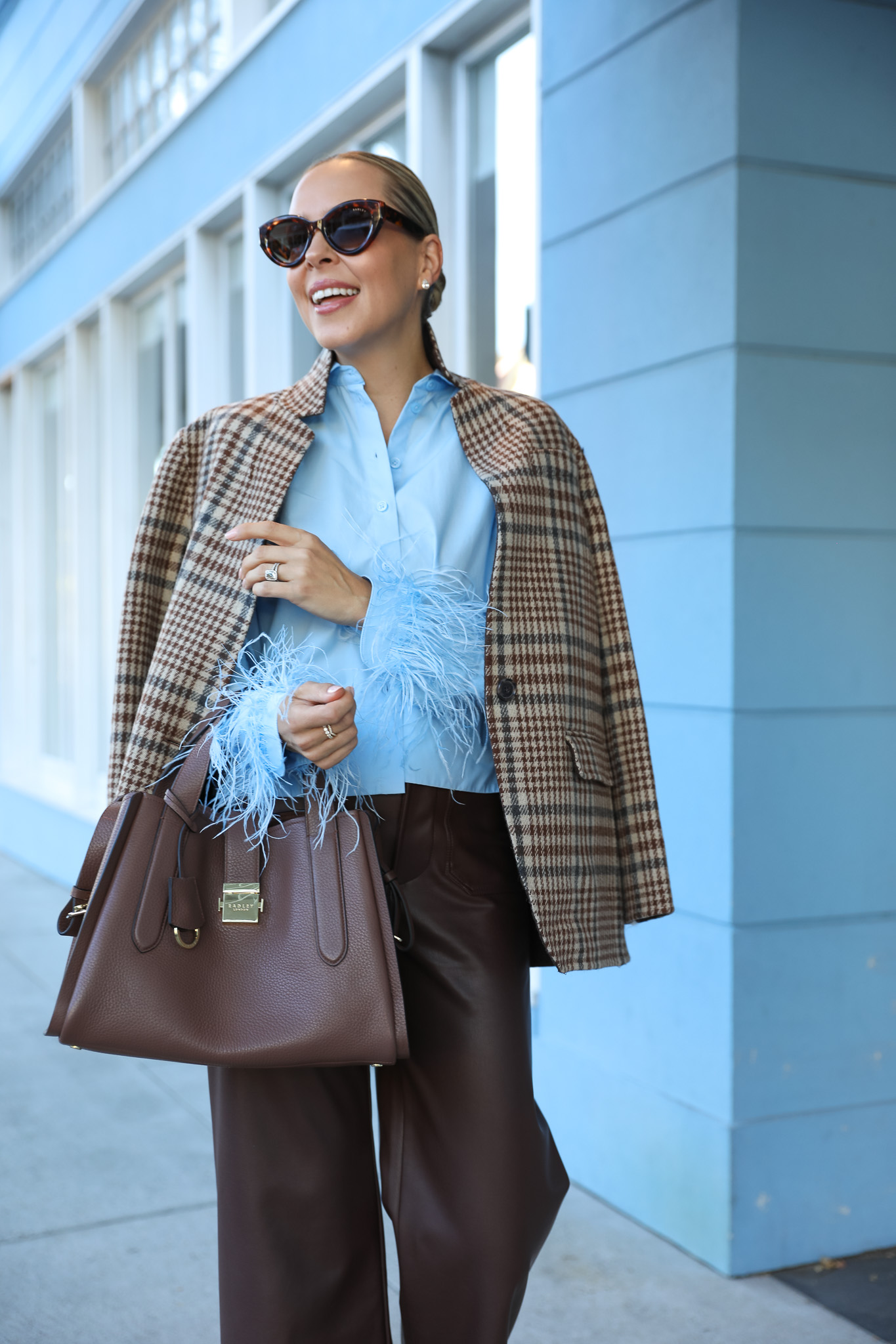 j crew feather buttom down light blue, with checked blazer and Radley London workwear tote.