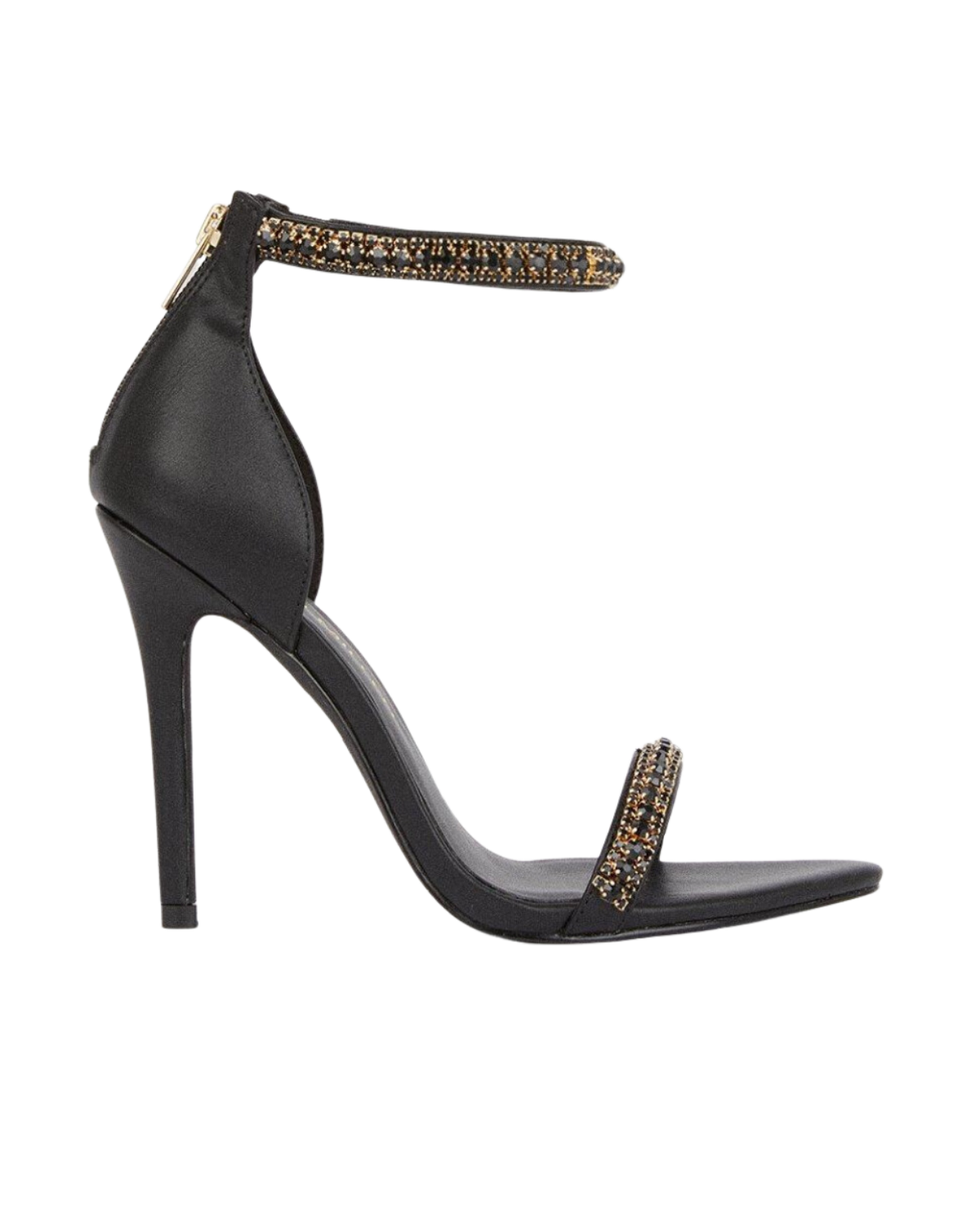 black leather heel with gold detail on straps