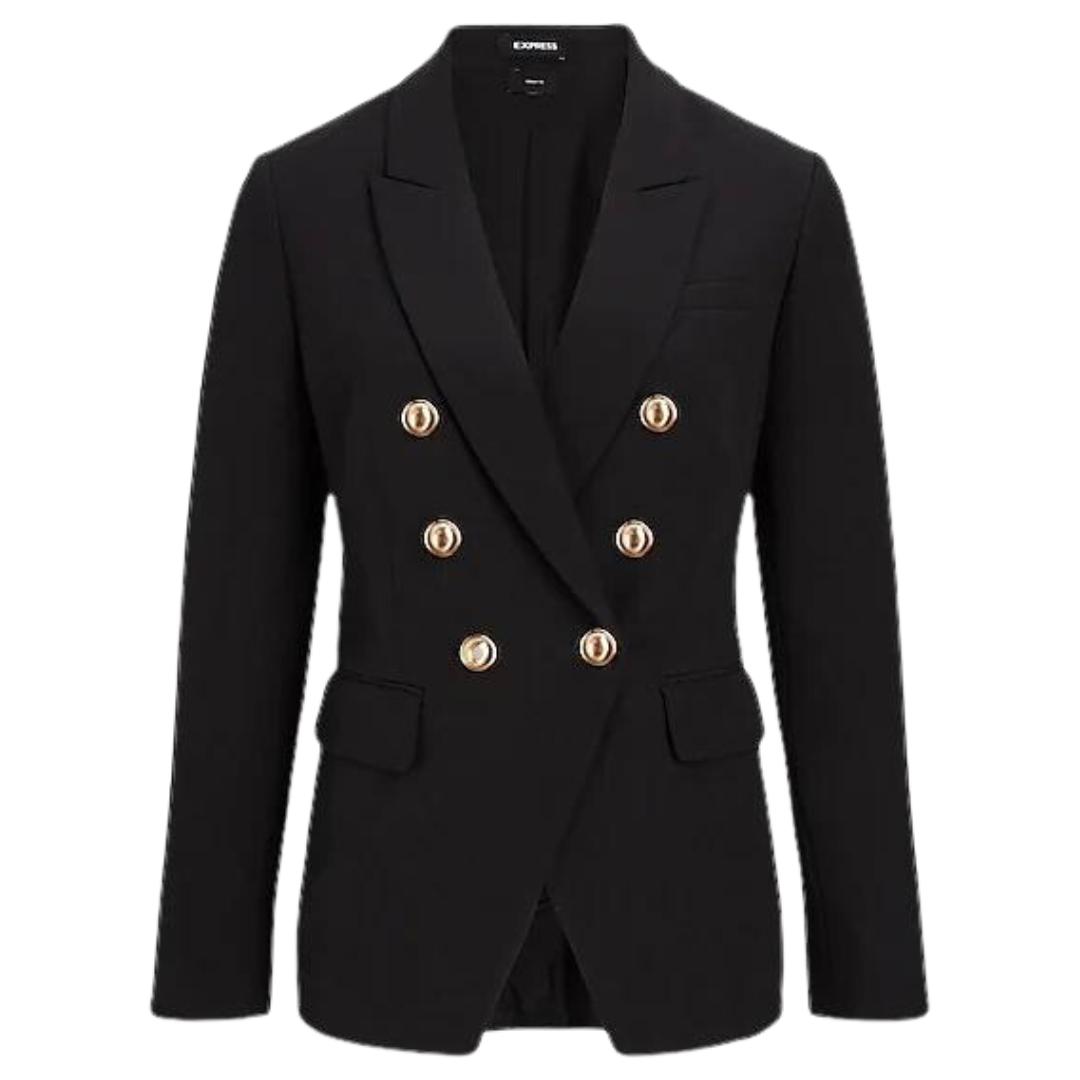 black structured blazer with gold buttons