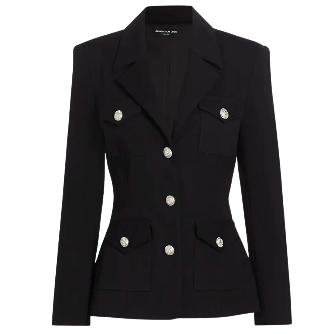 black structured blazer with silver buttons