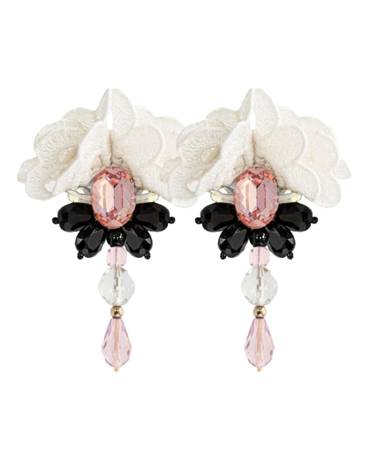 black, white and pink drop earrings