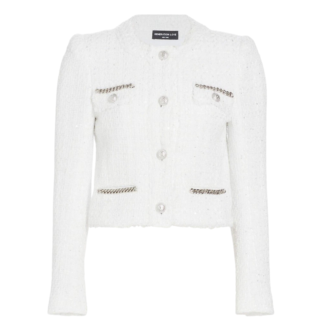 white blazer with black outline pockets