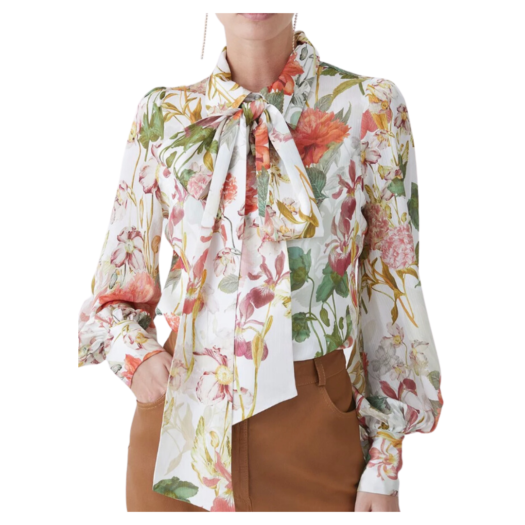 white floral KM blouse with neck tie