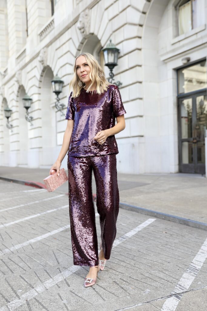 Ann Taylor holiday style, sequin 2-piece set, purple sequin set, holiday attire, holiday style, Ann Taylor style, fall and winter outfit idea, Lombard and fifth