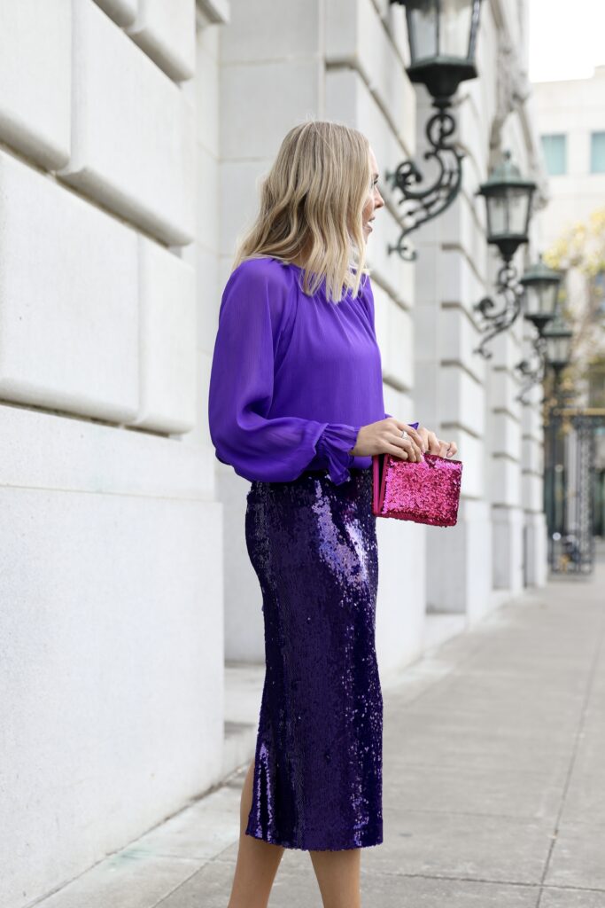 Ann Taylor holiday style, purple sequin skirt, holiday attire, holiday style, Ann Taylor style, fall and winter outfit idea, Lombard and fifth