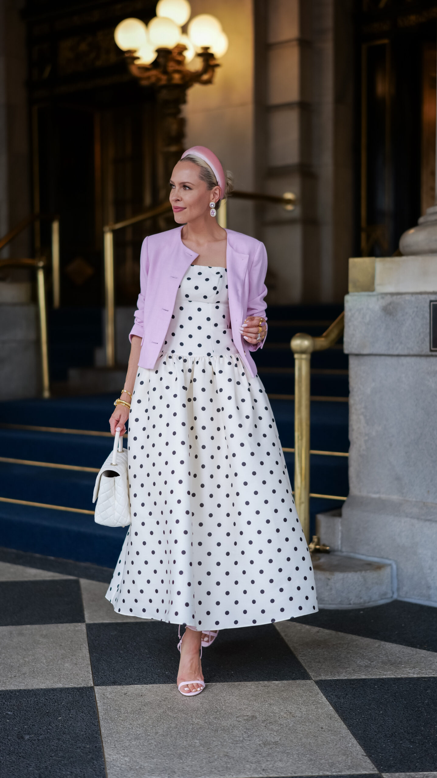 Self-Portrait Polka-dot taffetta corset dress, Plaza Hotel New York city, trending style for fall, by Lombard & Fifth