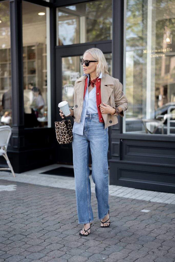 ZARA SHORT TRENCH STYLE JACKET fall 2024 trend inspiration street, style, leopard print, red, denim.