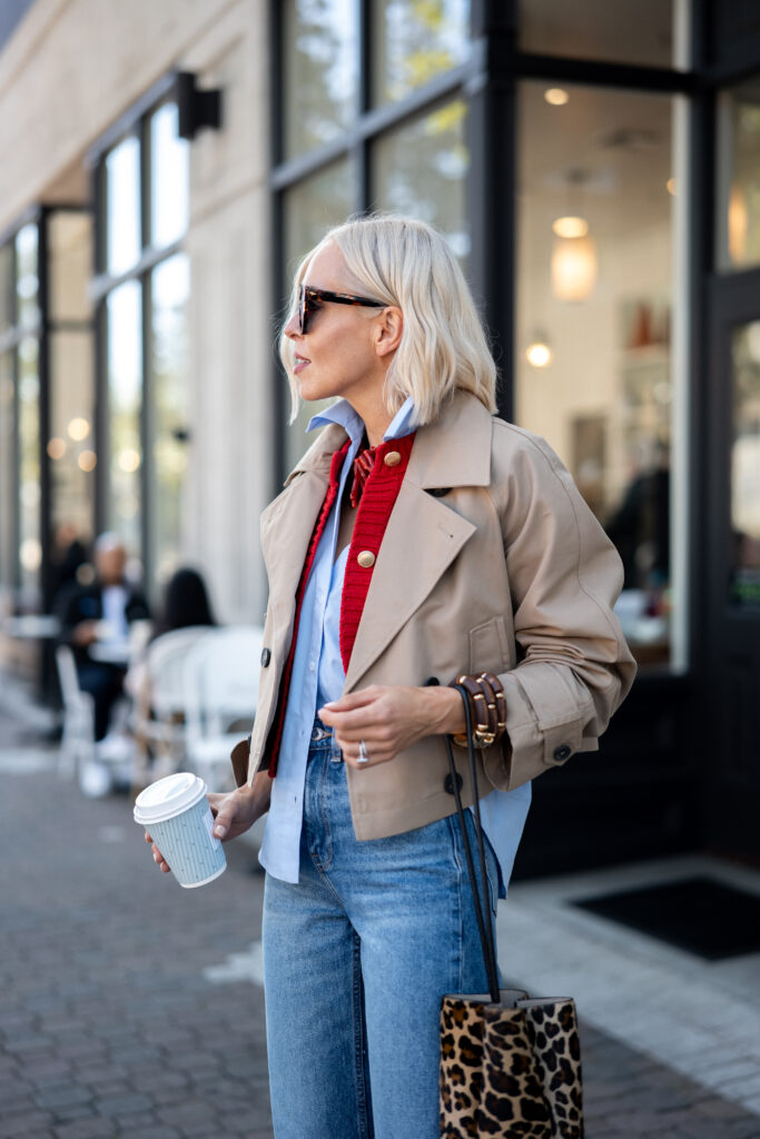 ZARA SHORT TRENCH STYLE JACKET fall 2024 trend inspiration street, style, leopard print, red, denim.