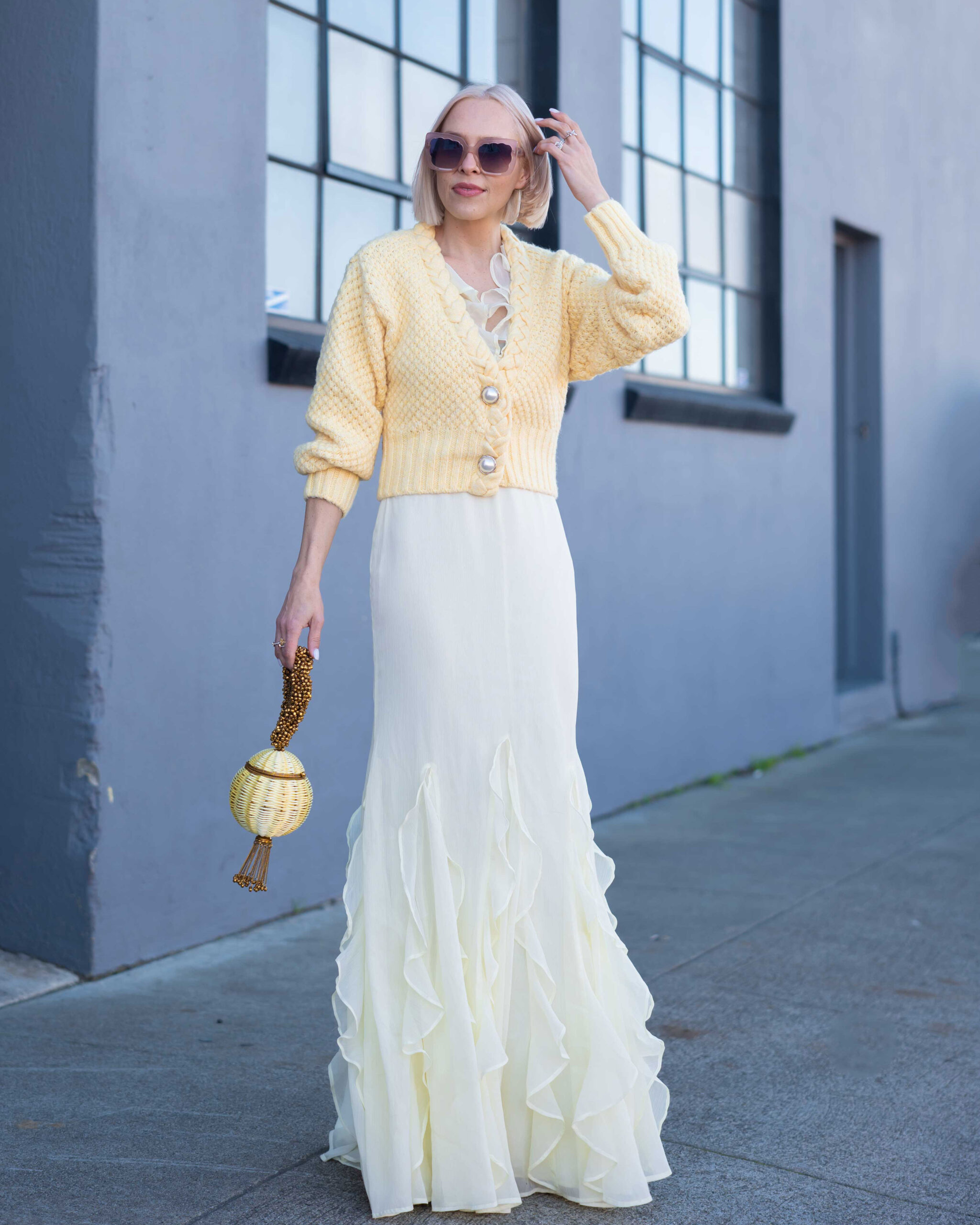 ASOS pale yellow maxi chiffon dress 2025 trends