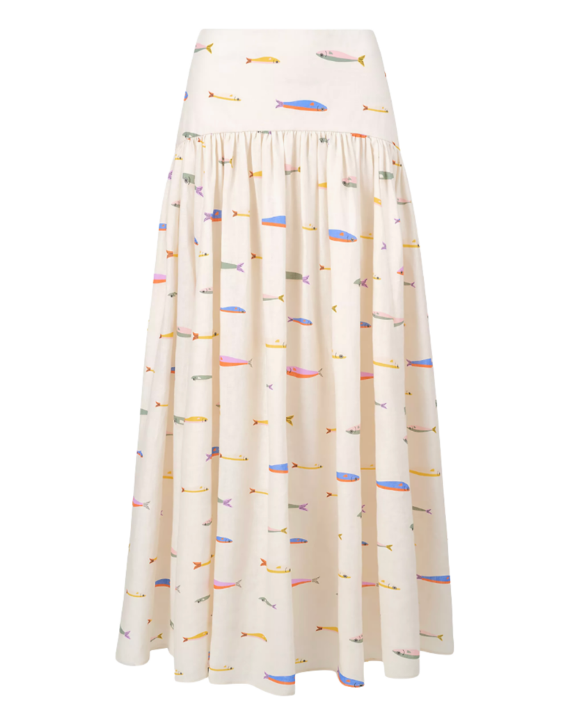 Staud Procida Fish-Print Linen Maxi Skirt
