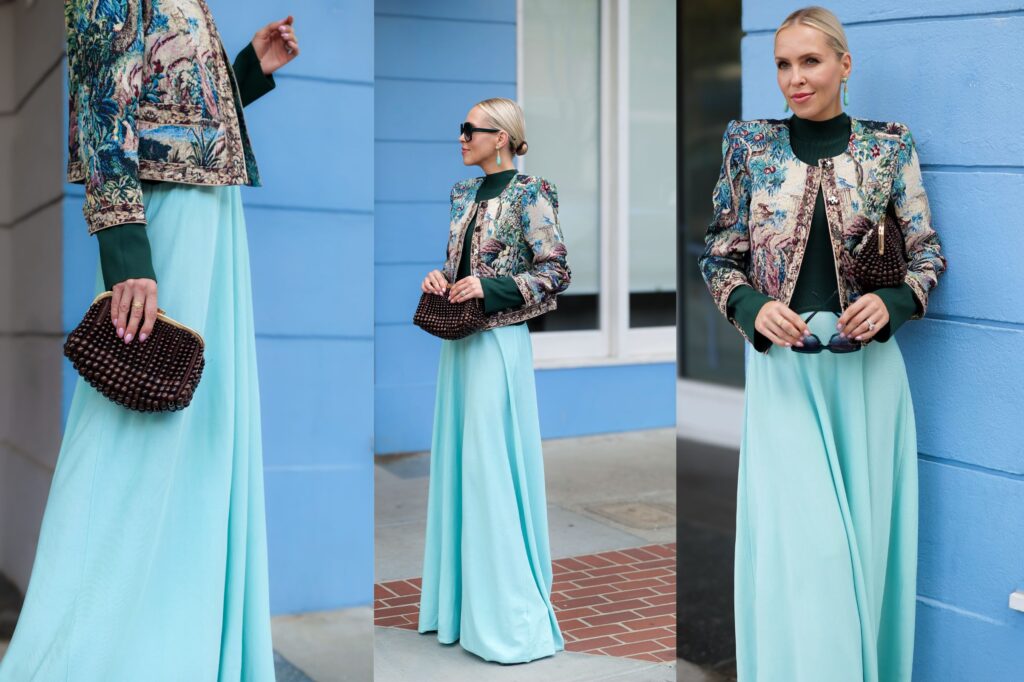 L'AGENCE - Lian Tapestry Jacket in Multi Tapestry Print, The Soglio Long Sleeve Maxi Dress