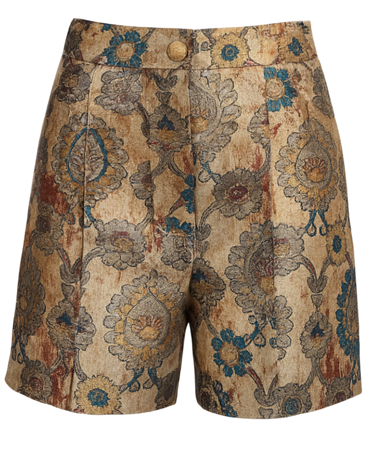 Wolf & Badger Timeless Floral Tapestry Shorts In Vintage Gold Hues