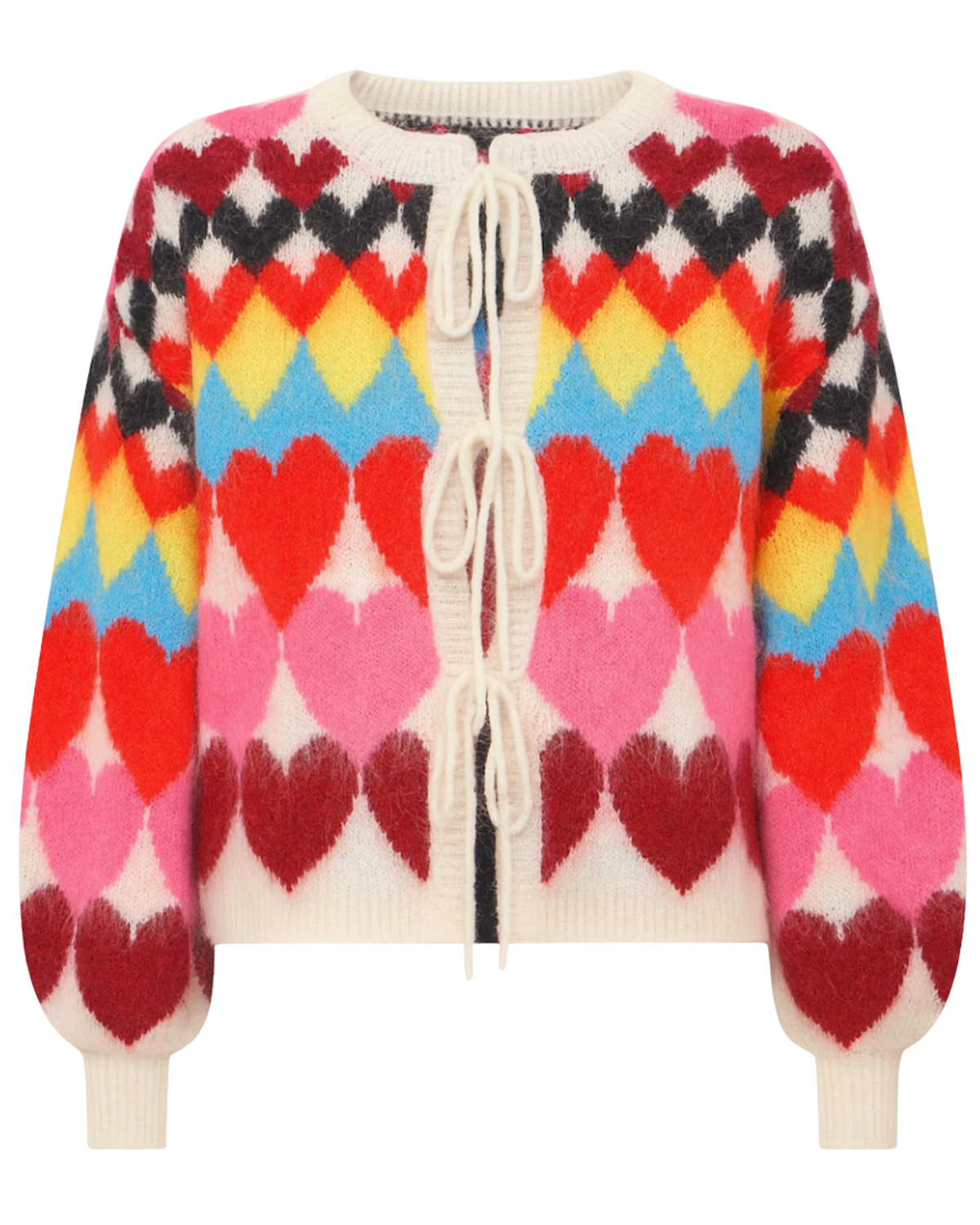 Yumi Multicolour Tie Front Heart Intarsia Cardigan