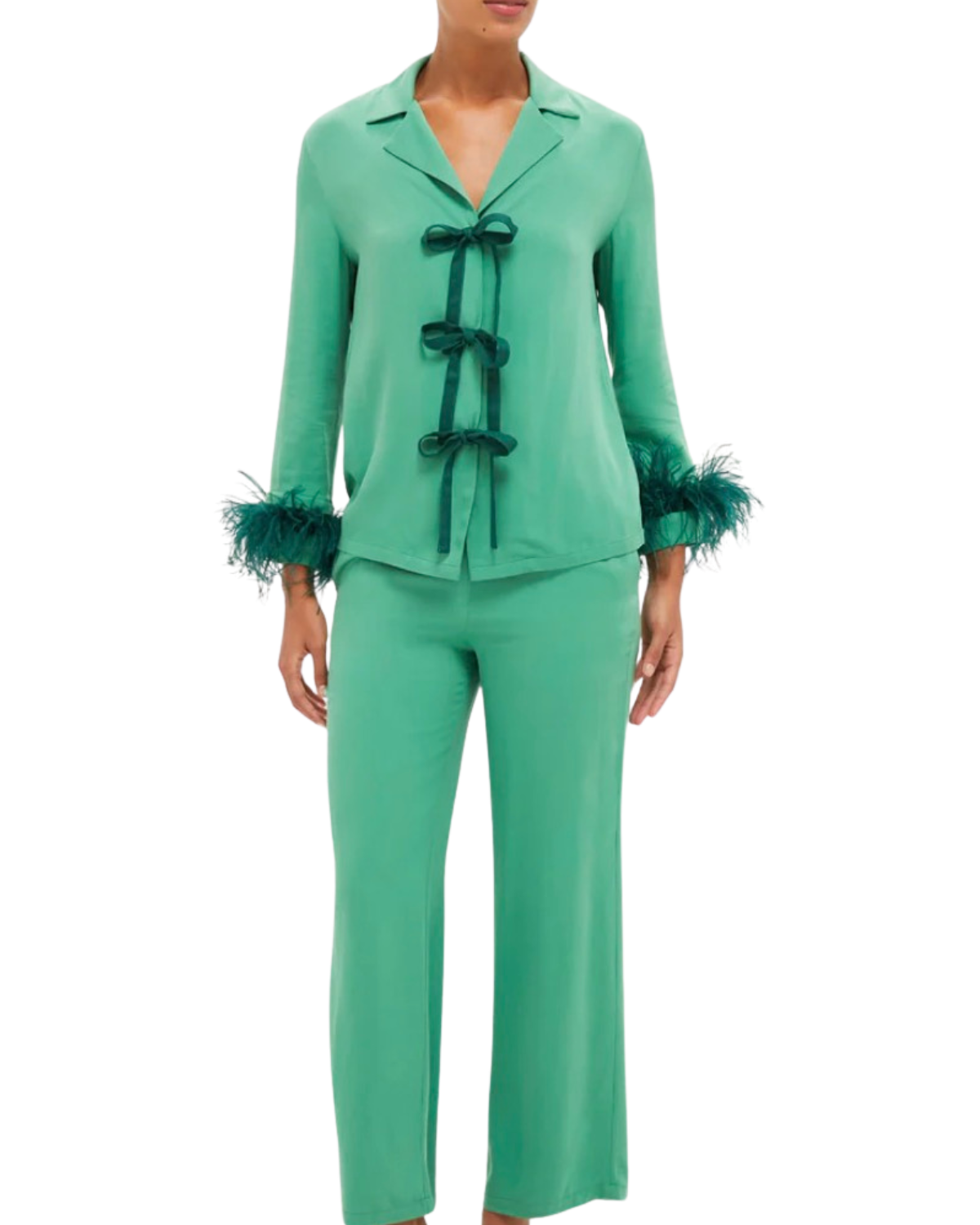 tuckernuck Green Bow Pajama Set with Detachable Feathers