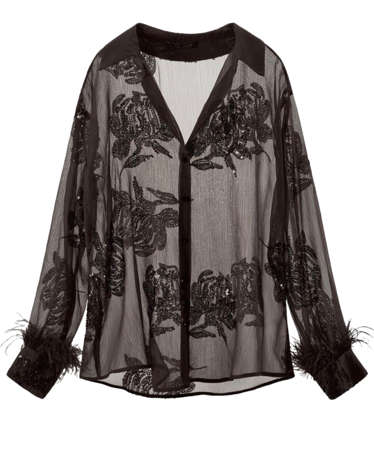 zara SEMI-SHEER SEQUIN FEATHER BLOUSE