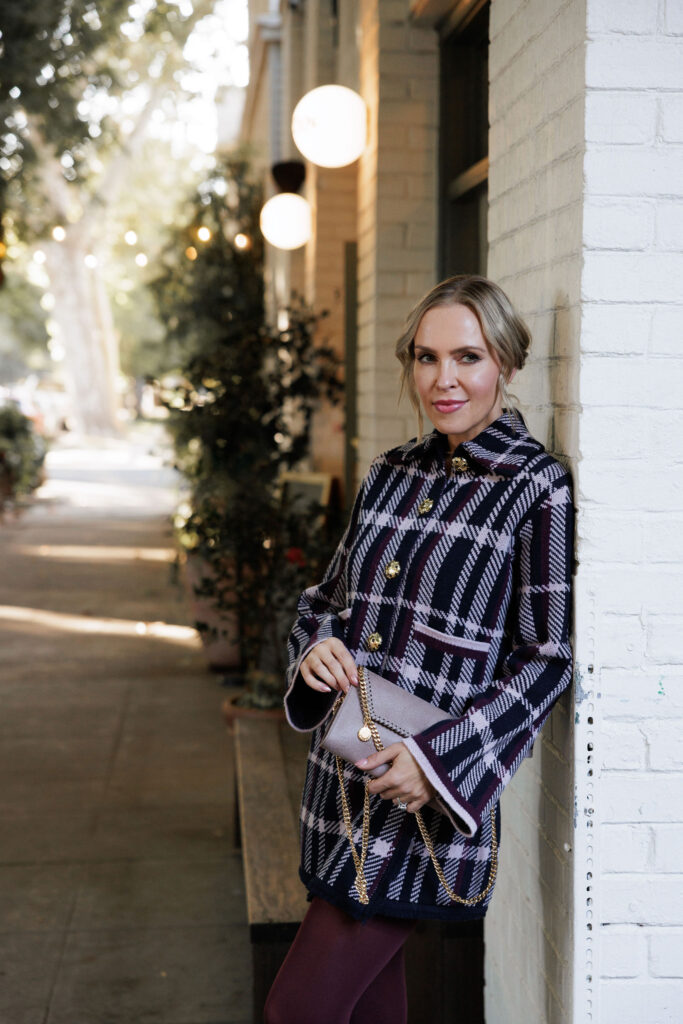 Saks Cara Cara Delilah Plaid Merino Wool Cardigan Jacket and skirt