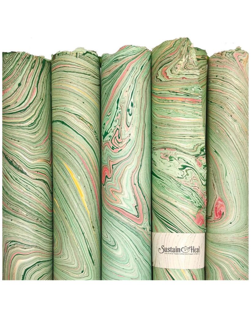Green and Red with Gold—5 sheets text weight handmade fair trade marble paper