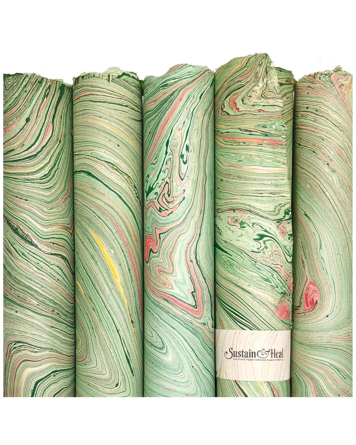Green and Red with Gold—5 sheets text weight handmade fair trade marble paper