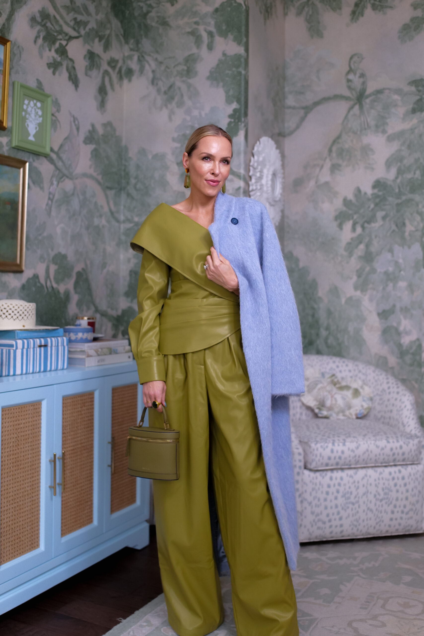 ASOS LUXE PU one shoulder pleated top in olive green - part of a set, ZARA LIGHT BLUE COAT