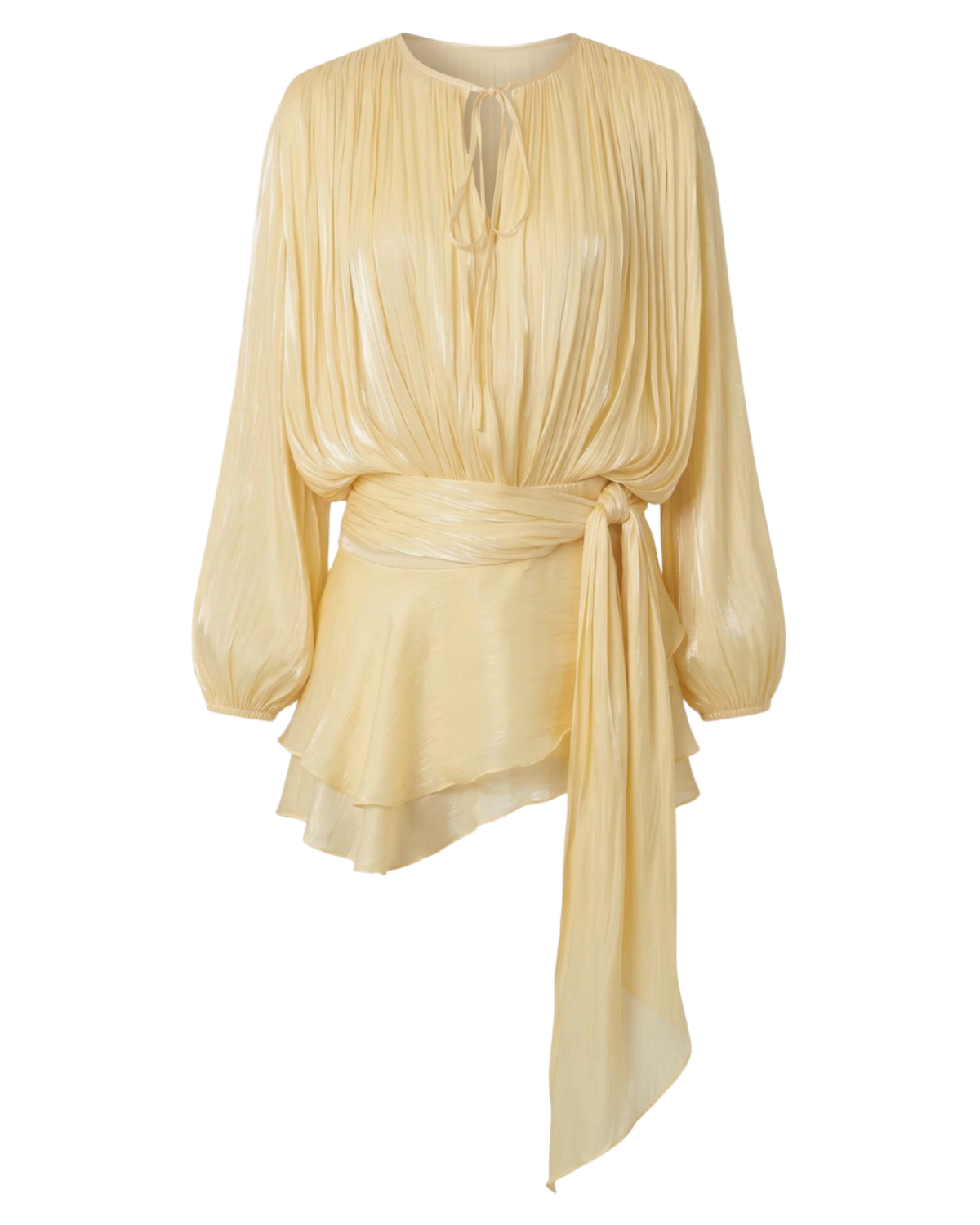 Pleated Long Sleeve Mini Dress with Tie Waist and Keyhole Neck