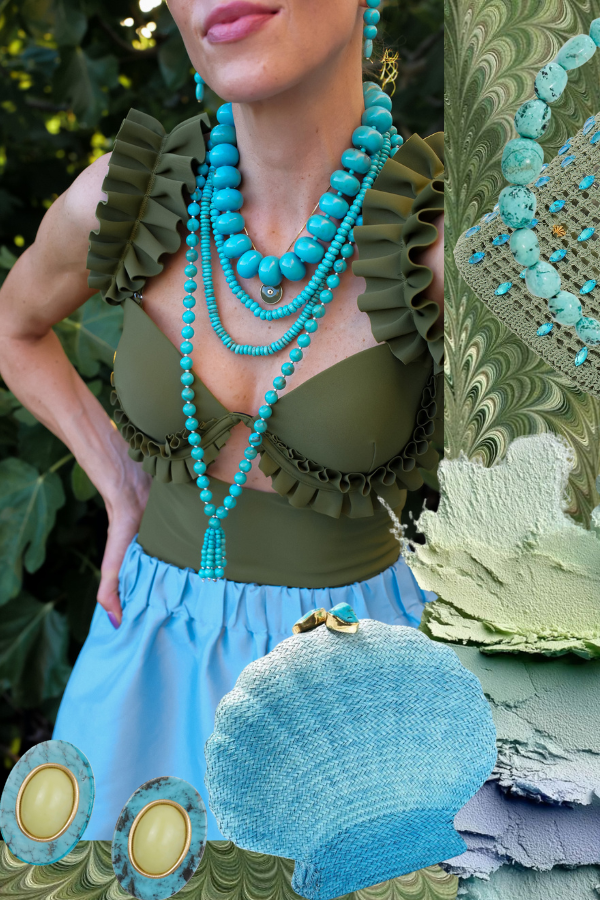 Turquoise statement jewelry trend for spring and summer featuring bold layered necklaces and elevated vacation fashion.