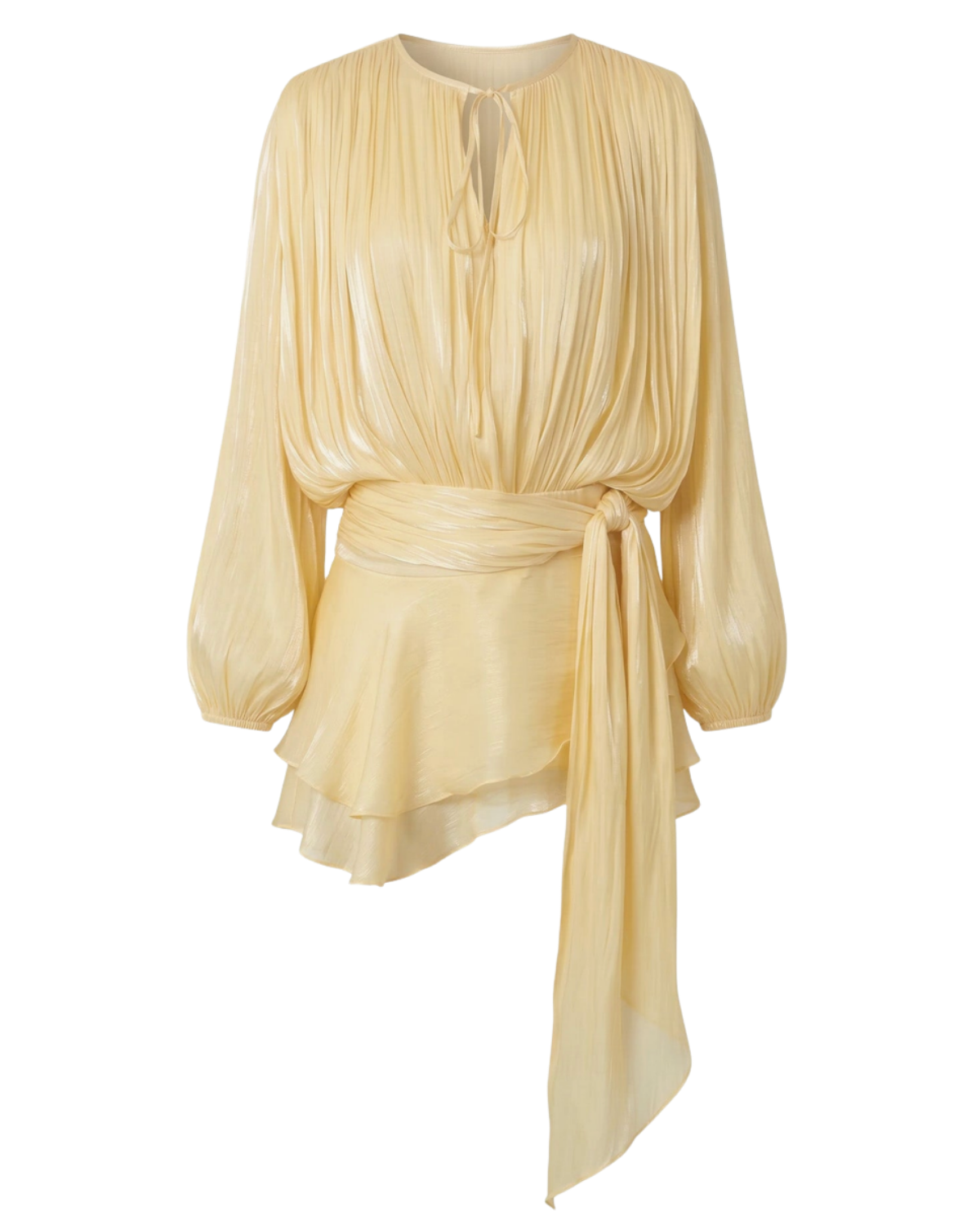 Pleated Long Sleeve Mini Dress with Tie Waist and Keyhole Neck (1)