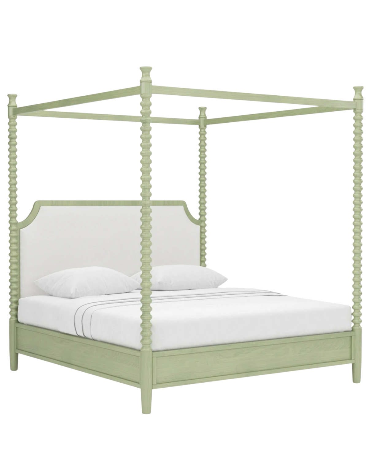 Theodora French White Performance Sage Green Wood Canopy Spindle Bed