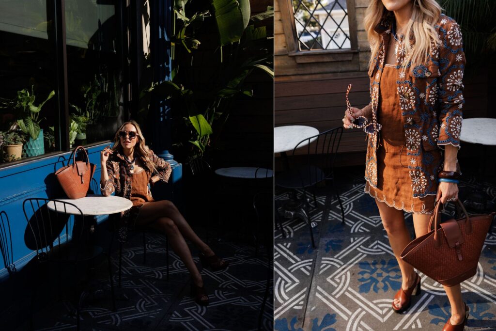 Woman wearing chocolate brown summer fashion styled with statement accessories and neutral tones.