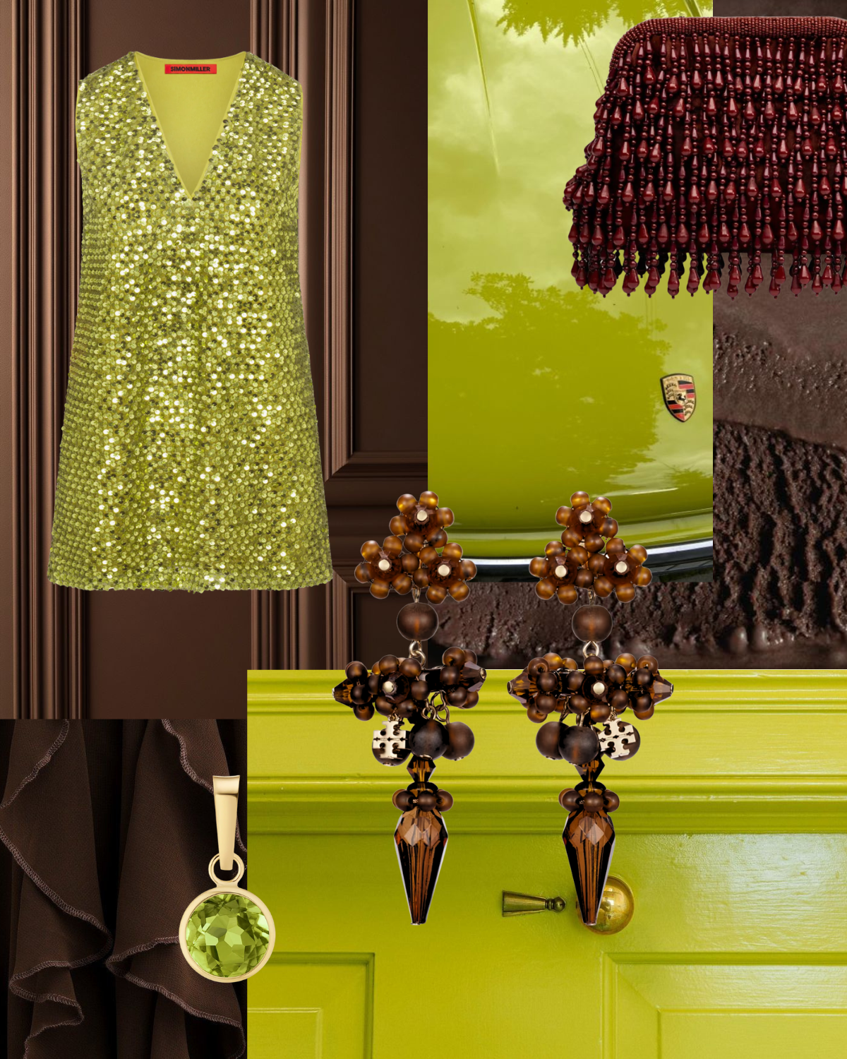 Chocolate brown and Chartreuse fashion color combination inspiration for summer outfits.