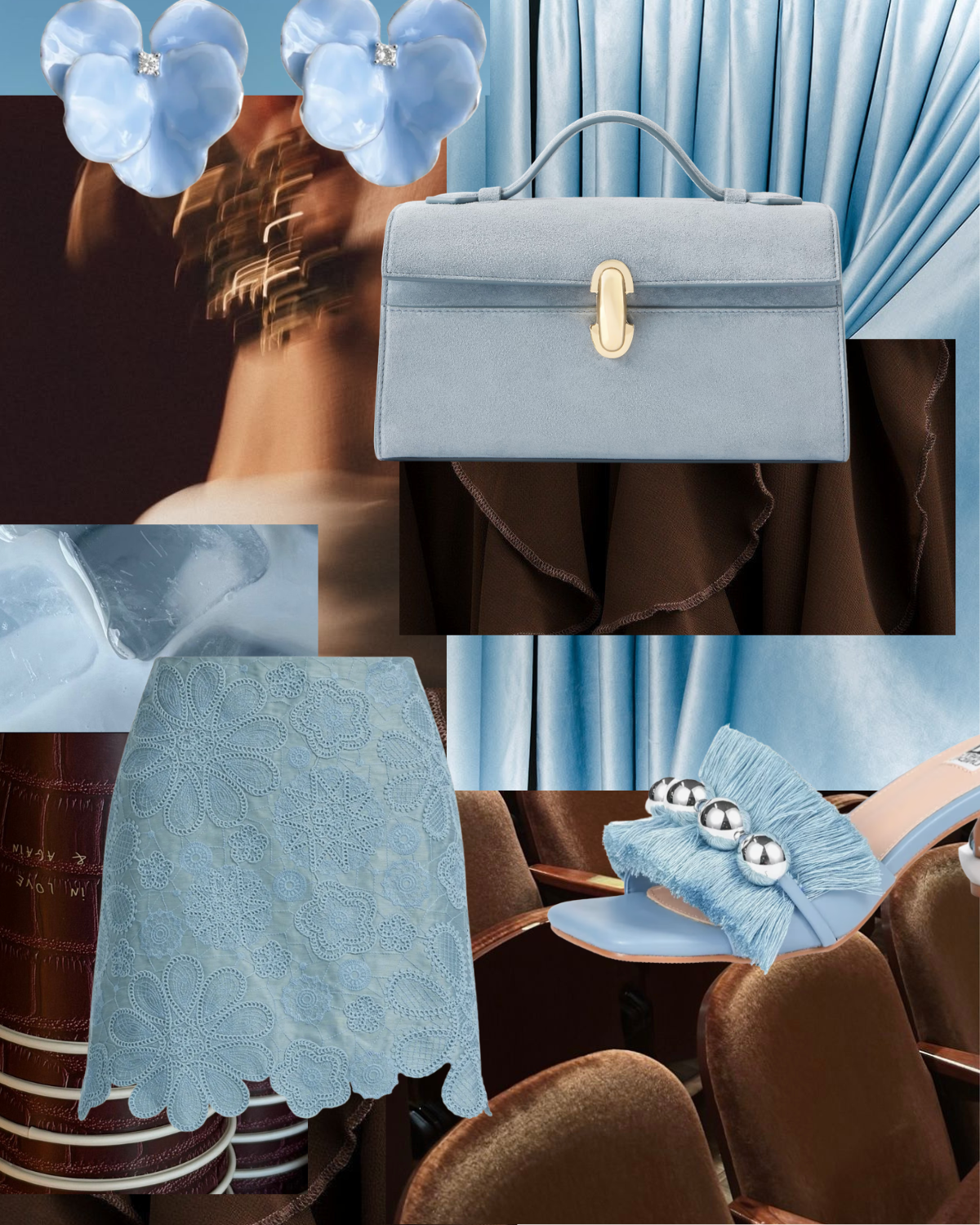 Chocolate brown and light blue fashion color combination inspiration for summer outfits.